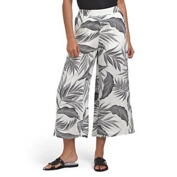 Tahari Linen Flat Front Cropped Wide Leg Pants size M Mojave Palm Cream Black Pu - Picture 1 of 9